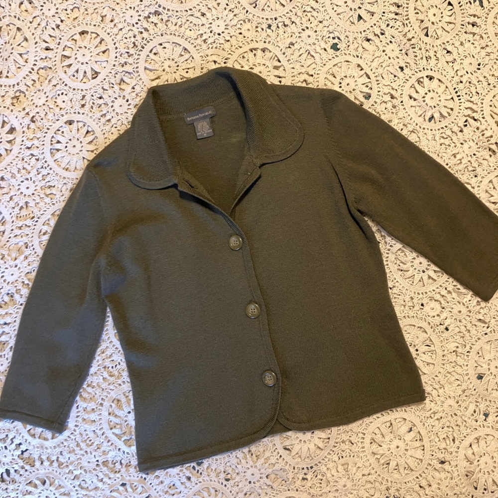 Banana Republic Black Label Cardigan & Mini Skirt Sweater Set Wool Blend Olive - Picture 5 of 14